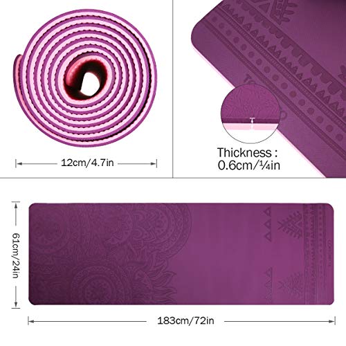 TOMSHOO Colchoneta Yoga Antideslizante, Esterilla Yoga de TPE 6mm, Alfombra Pilates Doble Color con Bolsa de Malla (183 * 61 * 0,6cm) (Morado Oscuro)