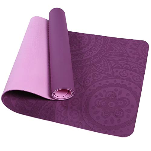 TOMSHOO Colchoneta Yoga Antideslizante, Esterilla Yoga de TPE 6mm, Alfombra Pilates Doble Color con Bolsa de Malla (183 * 61 * 0,6cm) (Morado Oscuro)