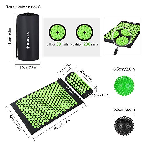 TOMSHOO Esterilla Acupresión, Kit de Masaje con Cojín y Esterilla de Masaje para la Relajación de Salud y el Alivio del Doloroga, Estera de Acupresión con 2 pcs Bolas de Masaje de Punta y Bolsa