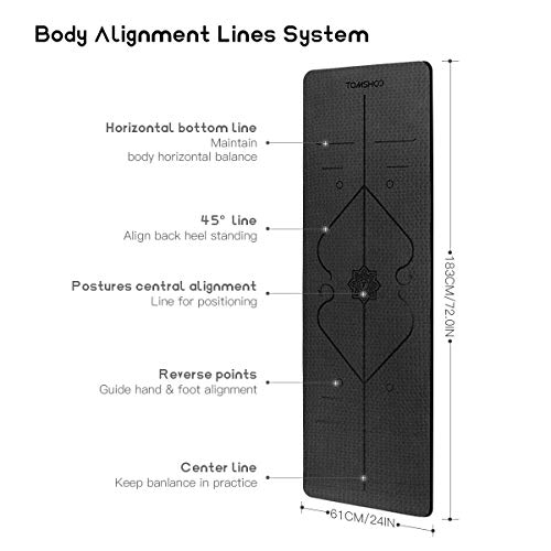 TOMSHOO Esterilla de Yoga Antideslizante,Esterilla de Gimnasia con Material Ecológico TPE y Línea Auxiliar, Bolsa,Bandolera183cm x 61cm x0. 6cm (Negro)