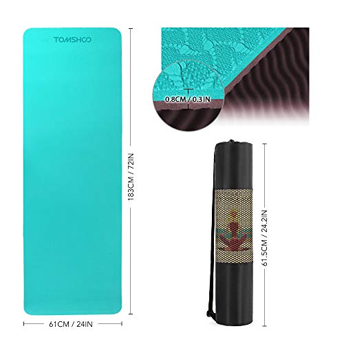 TOMSHOO Esterilla Yoga Antideslizante, Colchoneta Yoga de TPE 8mm, Alfombrilla Yoga Doble Capa y Doble Color con Correa y Bolsa de Transporte para Pilates Ejercicios y Fitness (Verde y Café)