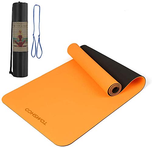 TOMSHOO Esterilla Yoga Antideslizante, Colchoneta Yoga de TPE 8mm, Alfombrilla Yoga Doble Capa y Doble Color con Correa y Bolsa de Transporte para Pilates Ejercicios y Fitness (Naranja y Negro)