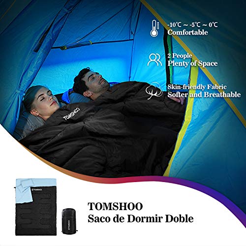 TOMSHOO Saco de Dormir Doble Adulto Acampada, Saco de Dormir Rectangular Convierte en 2 Sacos Individuales, para Camping, Excursiones y Actividades al Aire Libre, 210 * 152cm