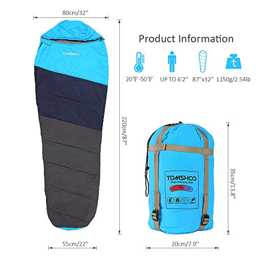 TOMSHOO Saco de Dormir Tipo Momia 87" x32 Ultraligero Impermeable Portátil con Saco de Compresion Ideal para Acampar, Excursionismo, Viajes, Mochilero y Actividades al Aire Libre