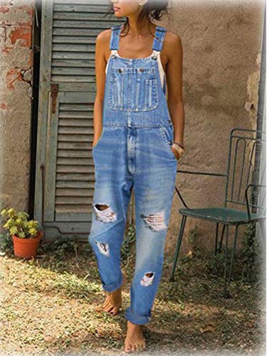 Tomwell Mono Vaqueros para Mujer Pantalones con Tirante Denim Recto Delgado Casual Boyfriend Jeans de Mezclilla Impresión de Flores A Azul Claro S