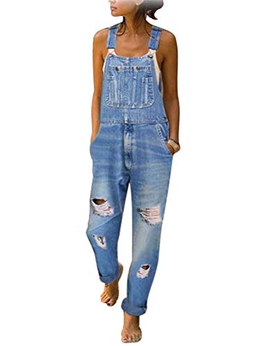 Tomwell Mono Vaqueros para Mujer Pantalones con Tirante Denim Recto Delgado Casual Boyfriend Jeans de Mezclilla Impresión de Flores A Azul Claro S