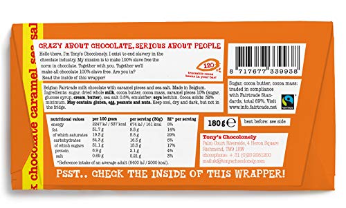 Tony's Chocolonely Fairtrade Caramel and Sea Salt Milk Chocolate Bar 180g Tony's Chocolonely Fairtrade Caramel and Sea Salt Milk Chocolate Bar 180g