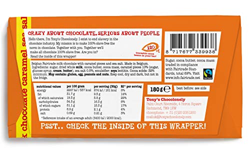 Tony's Chocolonely Fairtrade Caramel and Sea Salt Milk Chocolate Bar 180g