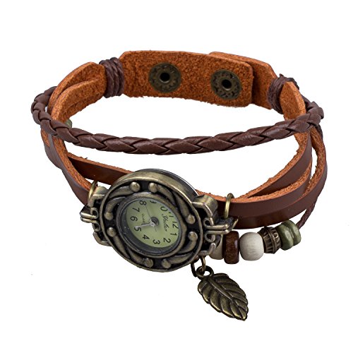 TOOGOO(R) Reloj de Pulsera Cuarzo Banda de Cuero Estilo Antiguo para Chica Mujer - Cafe