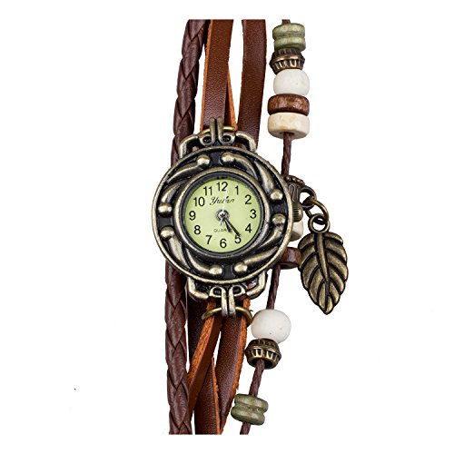 TOOGOO(R) Reloj de Pulsera Cuarzo Banda de Cuero Estilo Antiguo para Chica Mujer - Cafe