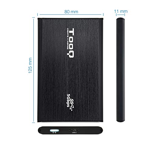 TooQ TQE-2529B - Carcasa para Discos Duros HDD de 2.5", (SATA I/II/III de hasta 7.0 mm de Alto, USB 3.0), Aluminio, indicador LED, Color Negro, 80 grs.
