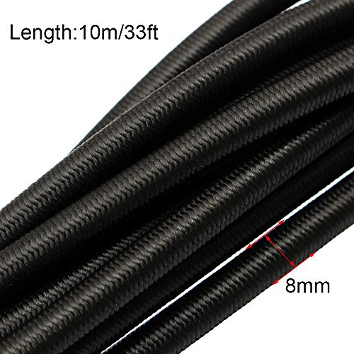 TooTaci 8 mm (10 m / 33 pies) Cuerda elástica elástica negra con 10 ganchos, Cordones Bungy extra fuertes Correa de cuerda elástica para bicicleta, bloqueo de transporte de la motocicleta Asegurar