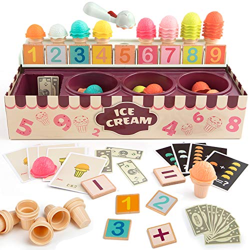 TOP BRIGHT Heladería de Juguete – Juego Educativo de Matemáticas y Lógica para Niños y Niñas de 3 a 7 años – Juego de Imitación de Helados Comida – Incluye Conos, Sabores, Menús y Accesorios