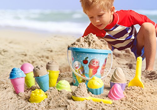 Top Race Juguetes de Playa, Juguetes de Arena, Juego de 16 moldes de Helado para niños de 3 a 10 años con Cubo Grande de Juguete de Playa de 9 Pulgadas para niños y niños pequeños (Azul)