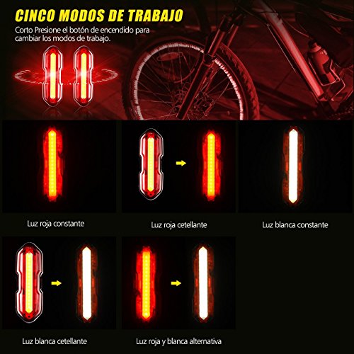 TOPELEK Luz LED Trasera Bicicleta Potente [2 Paquetes] Luz Trasera para Bicicleta Recargable USB con Impermeable de IPX-44 para Máxima Seguridad de Ciclismo