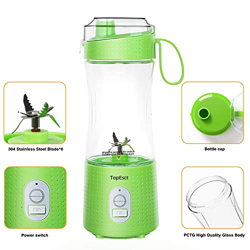 TopEsct Mini Batidora Portátil, 380 ml Personal para Batidos y Smoothies, 4000 mAh Mini Licuadora Portátil con 6 Cuchillas 3D de Acero Inoxidable + Batería Recargable 13oz USB, BPA Free