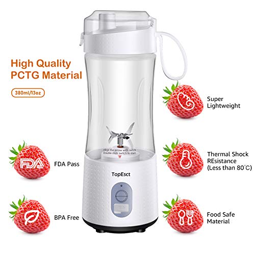 TOPESCT Mini Batidora Portátil Personal para Batidos y Smoothies - con 6 Cuchillas 3D y Vaso Exprimidor de 380 ml - Potente Máquina de Mano Mezcladora de Frutas de 4000 mAh Recargable por USB