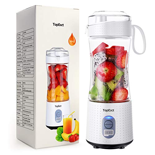 TOPESCT Mini Batidora Portátil Personal para Batidos y Smoothies - con 6 Cuchillas 3D y Vaso Exprimidor de 380 ml - Potente Máquina de Mano Mezcladora de Frutas de 4000 mAh Recargable por USB