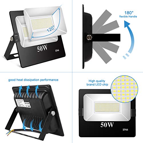 Toplanet 50w Floodlight Led Foco Proyector Led para Exterior Iluminación Decoración 6500k IP66 Negro