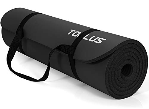 TOPLUS - Esterilla de gimnasia gruesa, sin ftalatos, antideslizante y respetuosa con las articulaciones, para yoga, pilates, deportes, con práctica correa de transporte, 183 x 61 x 1 cm (negro)
