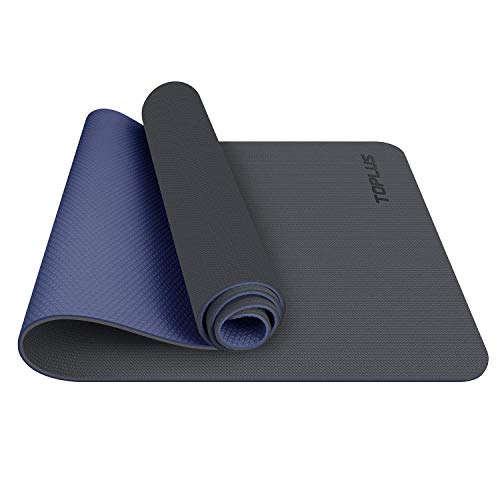 TOPLUS Esterilla Yoga Antideslizante Alfombrilla de Yoga Esterilla Pilates Esterilla Deporte- con Correa de Hombro 183cm x 61cm (Gris+Azul Oscuro)