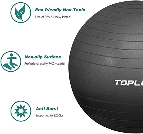 TOPLUS Pelota de Gimnasia Anti-Reventones Bola de Yoga Pilates y Ejercicio Balón para Sentarse Balon de Ejercicio para Fitness 300 kg con Bomba de Aire 65cm (Negro 75cm)