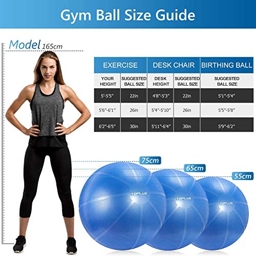 TOPLUS Pelota de gimnasia, extra gruesa, para yoga, resistente a los golpes, pelota de equilibrio con bomba rápida, color azul claro y 65 cm