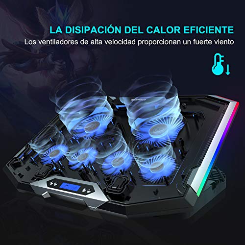 TopMate C11 Base de Refrigeración para Ordenador Portátil Ventilador Laptop 7 Modos de Iluminación RGB Radiador de Portátil Compatible con 11-17.3", 6 Ventiladores de Viento Fuerte Ángulo Ajustable