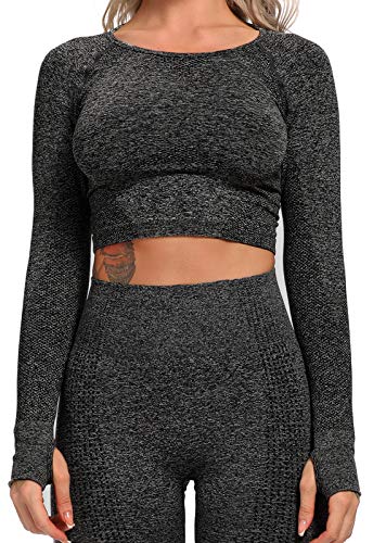 Tops Yoga Camiseta Deportiva A Juego Sin Costura Mangas Larga Aptitud Mujer #3 Top Negro XS