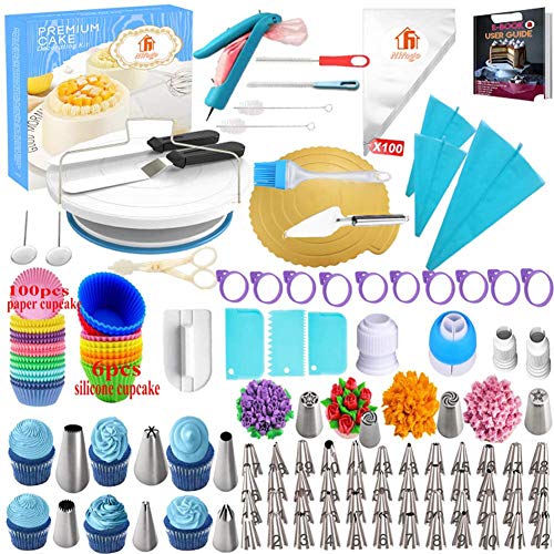 Torta Giratoria, Platos para Tarta, 301 Piezas Decoración de Pasteles Kit, Boquillas, Manga Pastelera, Espátula de Formación de Hielo, Bolso de Pastelería, Sirope de Torta, Cortador, Y Otros Kits