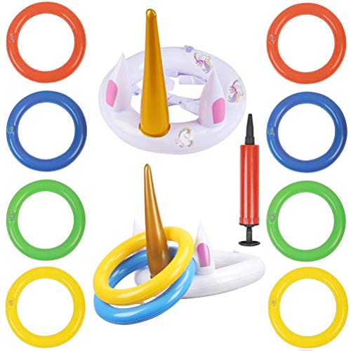 Toss game, WENTS Juguetes inflables de unicornio blanco con 8pcs anillos coloridos 2pcs sombreros y una bomba manual de PVC para niños y padre-hijo en fiesta excursión navidad pascua césped escuela