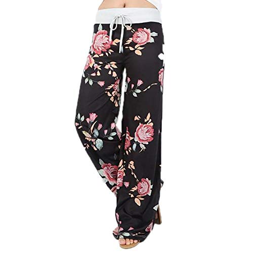 TOYIS Pantalones de yoga casuales para mujer, diseño floral, con cordón, casual, suelto, pantalones de pierna ancha