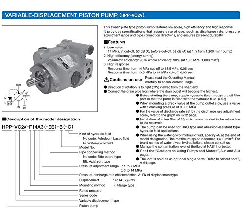 TOYOOKI Bombas hidraulicas HPP-VC2V Bombas de piston Bombas de aceite de desplazamiento variable, Presión: 1~14Mpa, Desplazamiento: 14.5㎝3 / rev, llave plana (HPP-VC2V-F14A3-A)