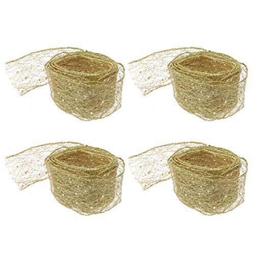 Toyvian 4 cintas de malla con purpurina para envolver regalos, adornos de árbol de Navidad (dorados) de 2 m Toyvian 4 cintas de malla con purpurina para envolver regalos, adornos de árbol de Navidad (dorados) de 2 m