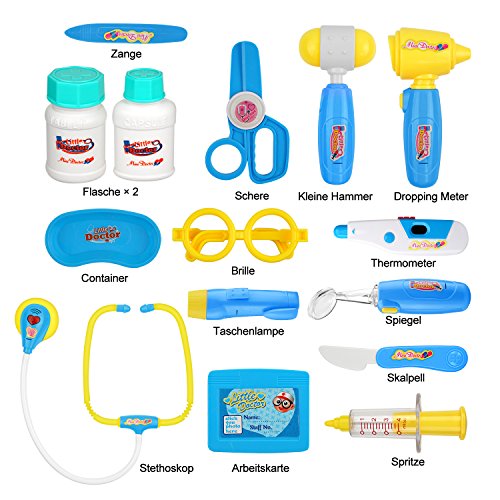 TR Turn Raise Cuadro Médico Conjunto Enfermera Médico Kit Parque Infantil para Niños - Fingir Juego Herramientas Juguete Set 15 Piezas (Azul)