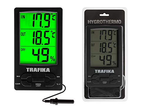TRAFIKA Termómetro con Higrómetro Especial para Cultivo Interior con sonda de 2.5M / Pantalla LED Verde Grande/Armario Cultivo Indoor/Medidor Temperatura y Humedad TRAFIKA Termómetro con Higrómetro Especial para Cultivo Interior con sonda de 2.5M / Pantalla LED Verde Grande/Armario Cultivo Indoor/Medidor Temperatura y Humedad
