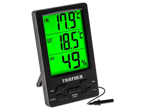 TRAFIKA Termómetro con Higrómetro Especial para Cultivo Interior con sonda de 2.5M / Pantalla LED Verde Grande/Armario Cultivo Indoor/Medidor Temperatura y Humedad TRAFIKA Termómetro con Higrómetro Especial para Cultivo Interior con sonda de 2.5M / Pantalla LED Verde Grande/Armario Cultivo Indoor/Medidor Temperatura y Humedad