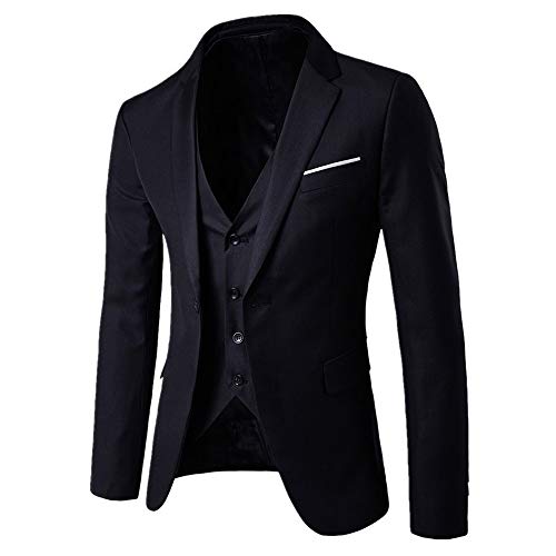 Traje de 3 Piezas con Chaqueta, Chaleco y Pantalones para Hombre, Slim Fit, Ajuste Moderno, Fiesta Bodas Negocio Oficina Traje Blazer Abrigo Hombre Chaqueta Esmoquin Manga Larga (L, Negro)