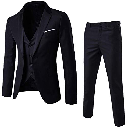 Traje de 3 Piezas con Chaqueta, Chaleco y Pantalones para Hombre, Slim Fit, Ajuste Moderno, Fiesta Bodas Negocio Oficina Traje Blazer Abrigo Hombre Chaqueta Esmoquin Manga Larga (L, Negro)