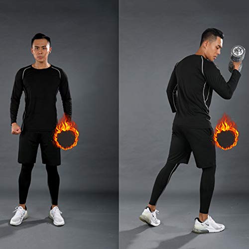 Traje De Entrenamiento Deportivo Negro De Tres Piezas De Otoño E Invierno De Secado Rápido Más Traje De Fitness De Terciopelo Medias Cálidas para Hombre G,S