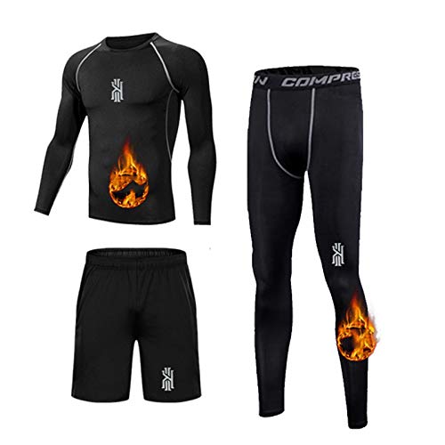 Traje De Entrenamiento Deportivo Negro De Tres Piezas De Otoño E Invierno De Secado Rápido Más Traje De Fitness De Terciopelo Medias Cálidas para Hombre G,S