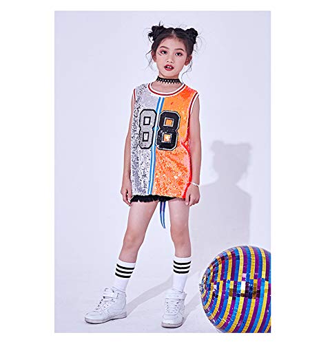 Traje de Lentejuelas para niñas Hip Hop Jazz Dancewear Sparkle Vestido sin Mangas sin Mangas (Plata, 12-14 años)