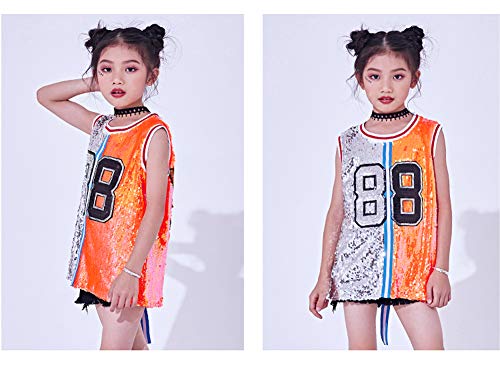 Traje de Lentejuelas para niñas Hip Hop Jazz Dancewear Sparkle Vestido sin Mangas sin Mangas (Plata, 12-14 años)