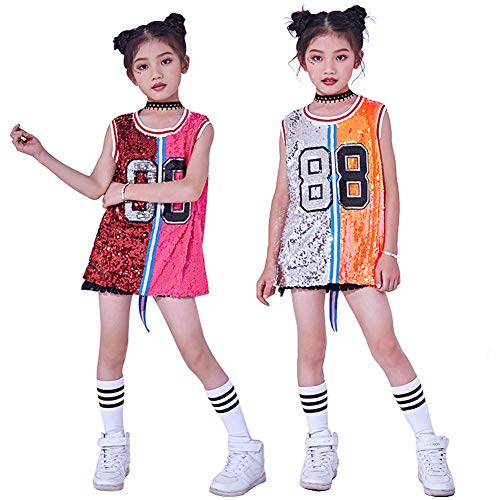 Traje de Lentejuelas para niñas Hip Hop Jazz Dancewear Sparkle Vestido sin Mangas sin Mangas (Plata, 12-14 años)