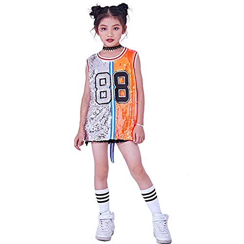 Traje de Lentejuelas para niñas Hip Hop Jazz Dancewear Sparkle Vestido sin Mangas sin Mangas (Plata, 12-14 años)