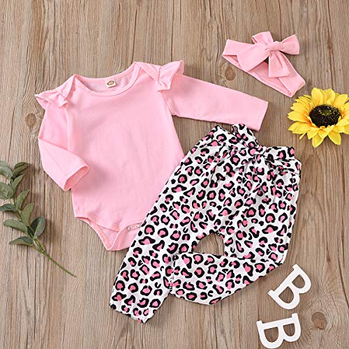 Trajes de bebé niña recién Nacido 0-6 Meses Mameluco con Volantes para bebés Pantalones de Leopardo Rosa Body de Manga Larga con Diadema para Invierno