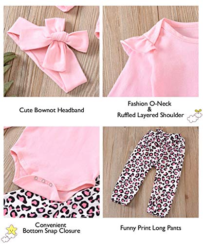 Trajes de bebé niña recién Nacido 0-6 Meses Mameluco con Volantes para bebés Pantalones de Leopardo Rosa Body de Manga Larga con Diadema para Invierno