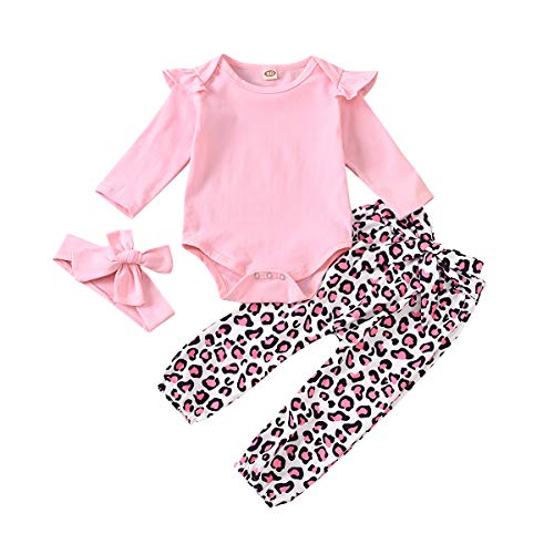 Trajes de bebé niña recién Nacido 0-6 Meses Mameluco con Volantes para bebés Pantalones de Leopardo Rosa Body de Manga Larga con Diadema para Invierno