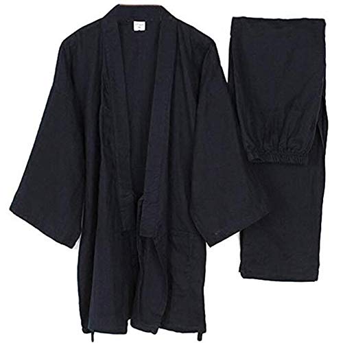 Trajes de Estilo japonés para Hombre Sueltos de algodón Puro Kimono Pijama Traje Negro