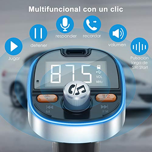 Transmisor FM Bluetooth V5.0, Adaptador de Radio de Coche 2 USB Puertos, Carga Rápido PD3.0 con Micrófono y Altavoz, Siri Google, Efectos de bajo, funci¨®n de Memoria, con 7 Modos de luz de Colores